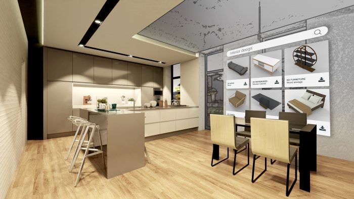 A well-designed interior space with mood boards, fabric samples, and a designer sketching layout plans.