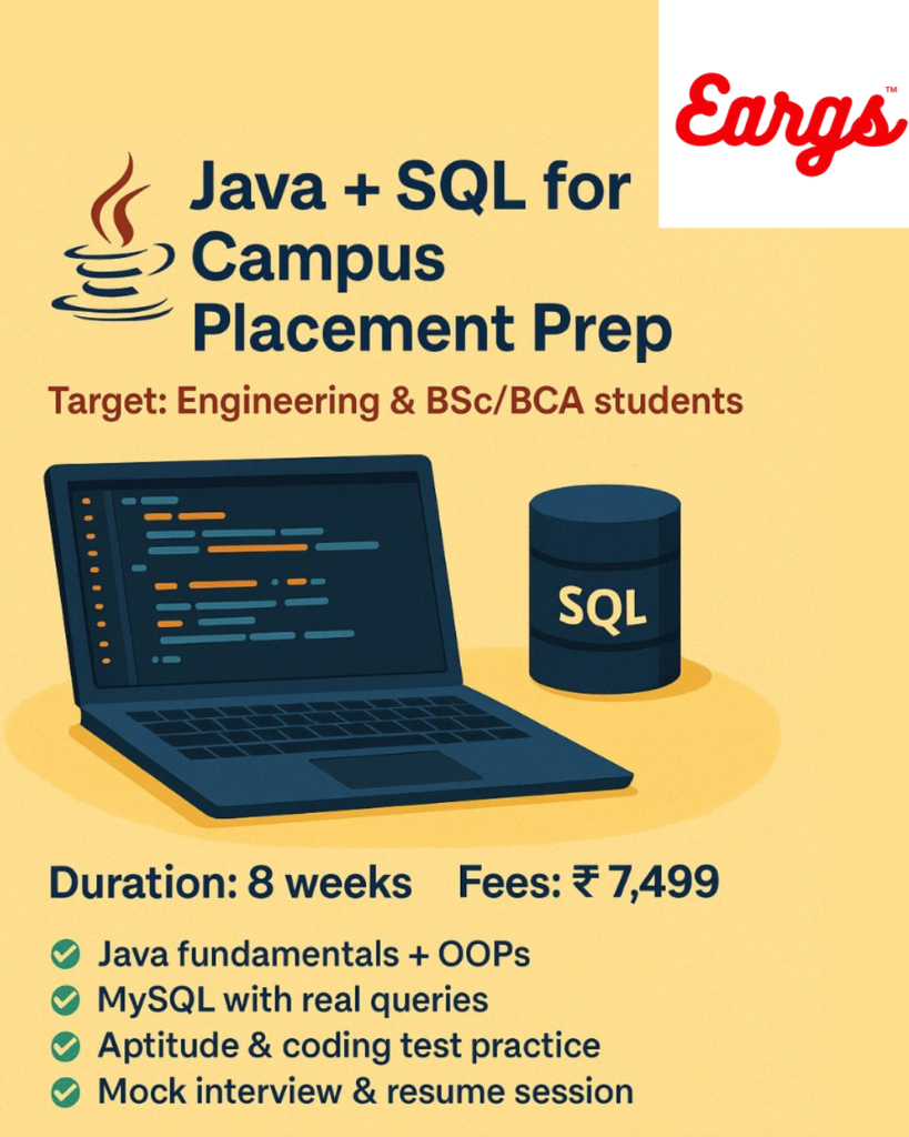 College student learning Java and SQL at EARGS for ₹7,499